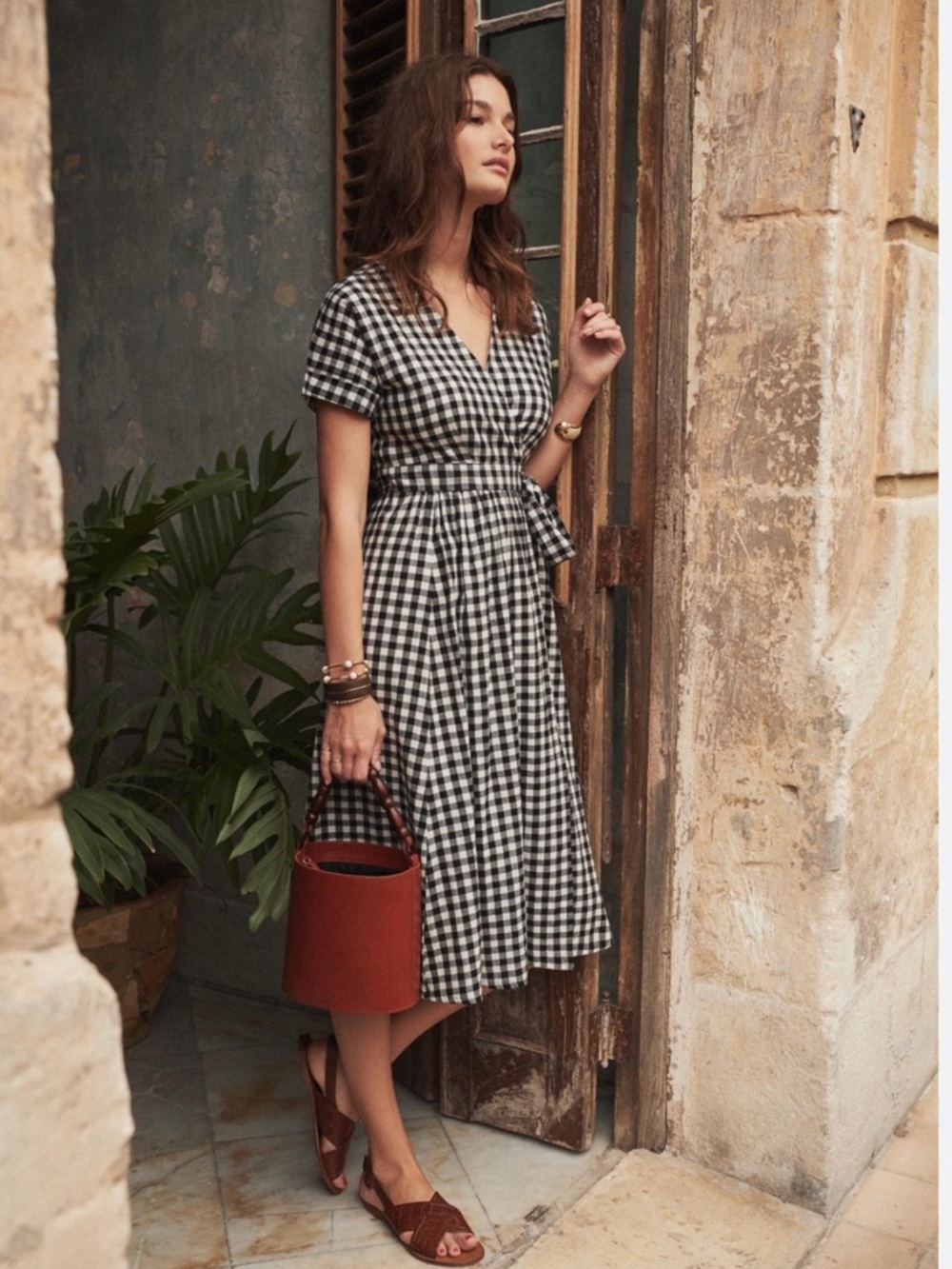 Sézane Black & White Marielle Gingham Wrap Midi Dress 36 / Small Parisian Sz S